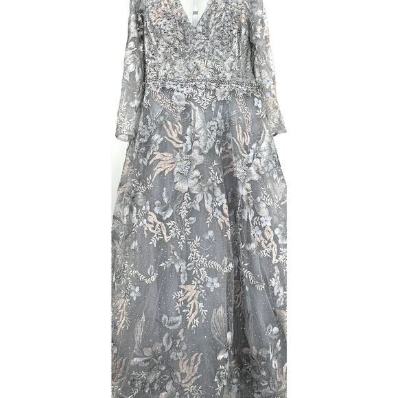 Mac Duggal { 20214 } Gray Long Sleeve Beaded Applique Gown  [ 16 ] - Picture 7 of 14